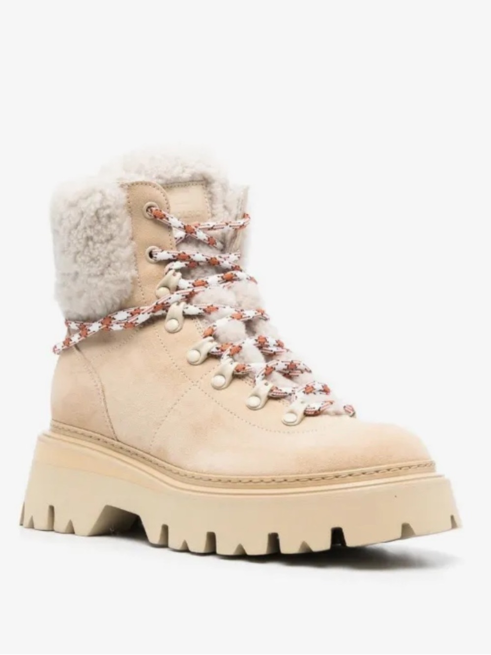 Woolrich Sheepskin Cream Shearling-Lined Hiking Boots with Patterned Laces